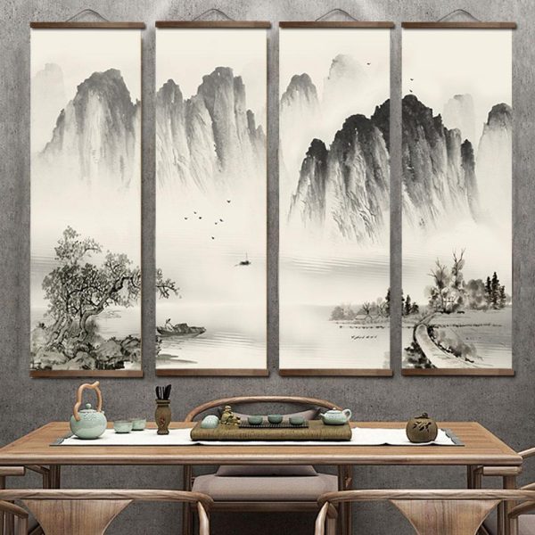Tableau japonais noir et blanc de paysages montagneux sur kakémono
