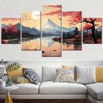 Tableau-japonais-paysage-en-5-panneaux-avec-pavillon-traditionnel-et-cerisiers-e-picture-1