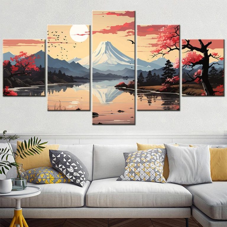 Tableau-japonais-paysage-en-5-panneaux-avec-pavillon-traditionnel-et-cerisiers-e-picture-1