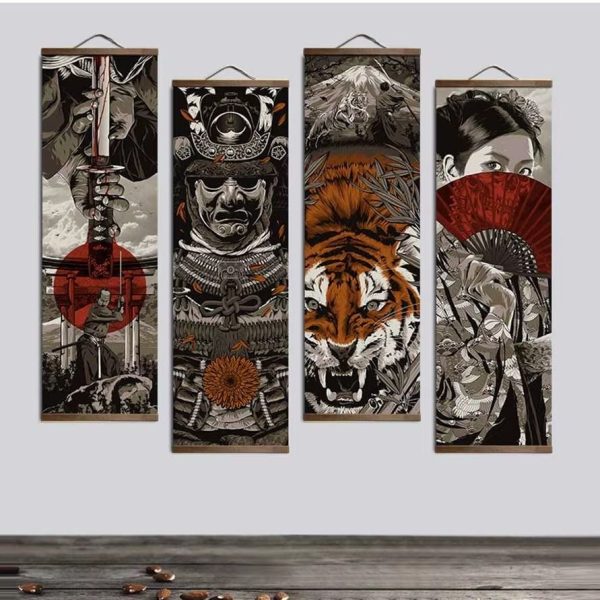 Tenture murale japonaise en toile avec motifs de samouraï, geisha et tigre du mont Fuji
