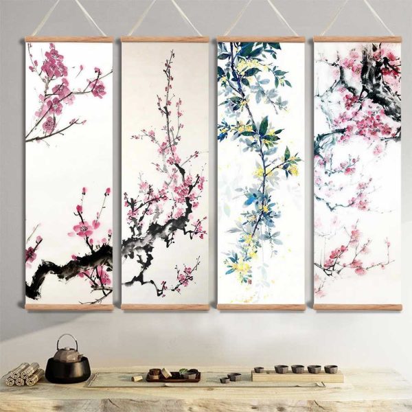Tenture murale zen à motifs de branches de cerisier sur toile suspendue sakura