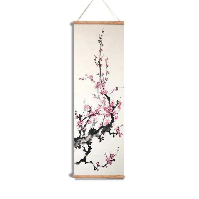 Tenture-murale-zen-a-motifs-de-branches-de-cerisier-sur-toile-suspendue-sakura-picture-2
