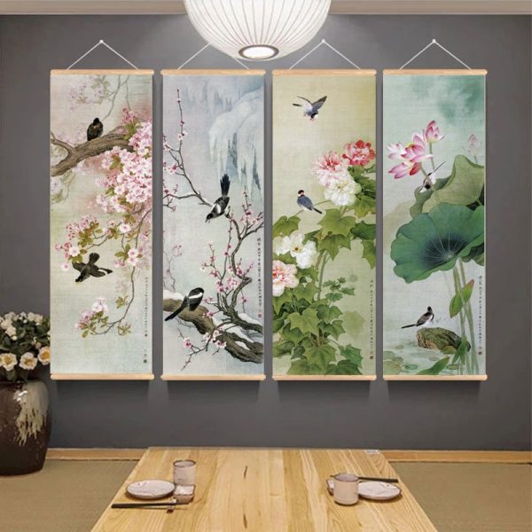 Toile verticale lotus et fleurs avec cadre en bois pour décoration zen