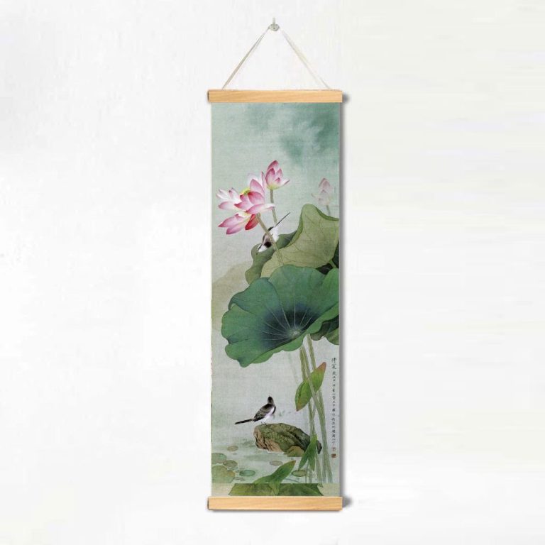 Toile-verticale-lotus-et-fleurs-avec-cadre-en-bois-pour-decoration-zen-picture-5