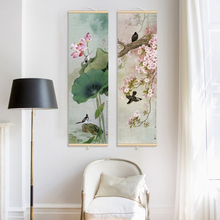 Toile-verticale-lotus-et-fleurs-avec-cadre-en-bois-pour-decoration-zen-picture-7