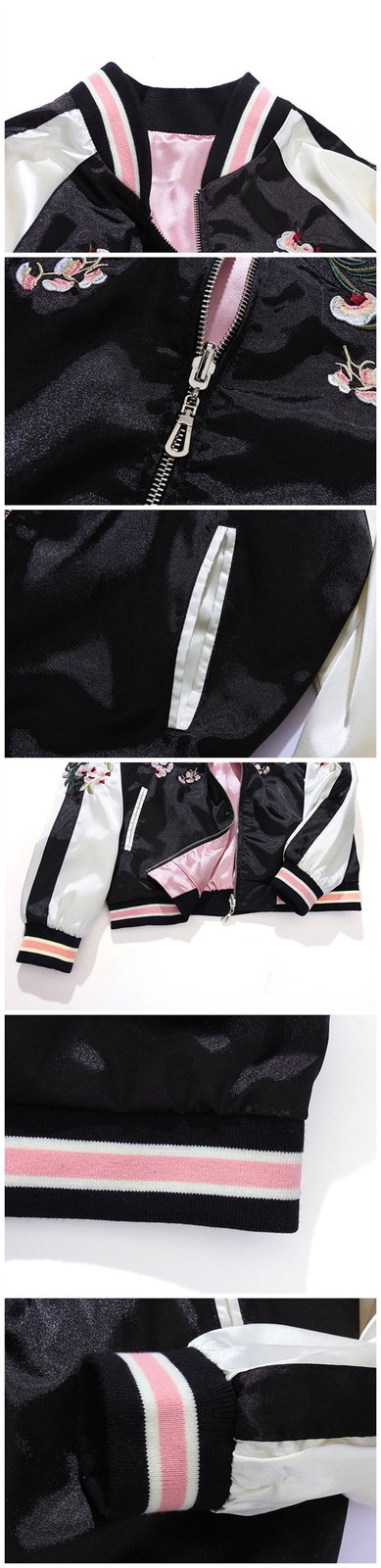 Veste bomber style japonais sukajan avec broderies florales et finitions teddy réversible