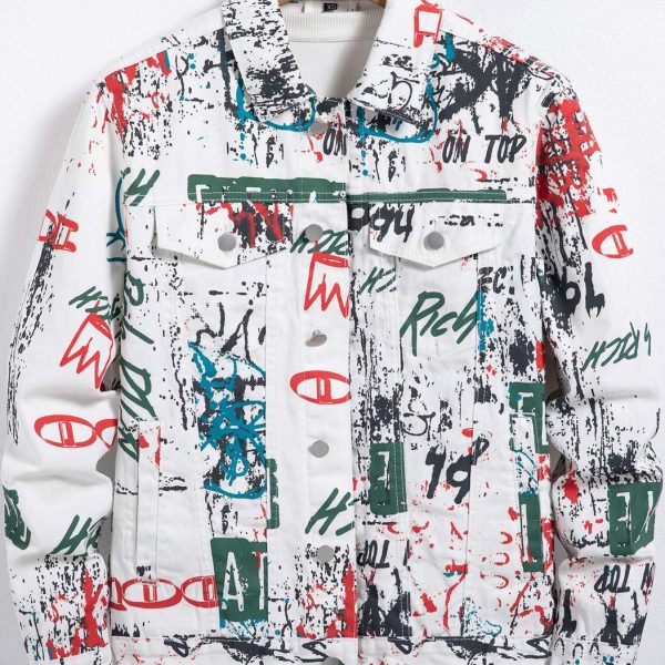 Veste en jean blanc à imprimé graffiti multicolore style street art