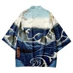 Veste-kimono-japonais-a-manches-courtes-avec-motifs-de-vagues-et-calligraphies-picture-1