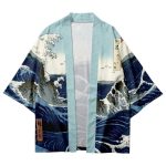 Veste-kimono-japonais-a-manches-courtes-avec-motifs-de-vagues-et-calligraphies-picture-2