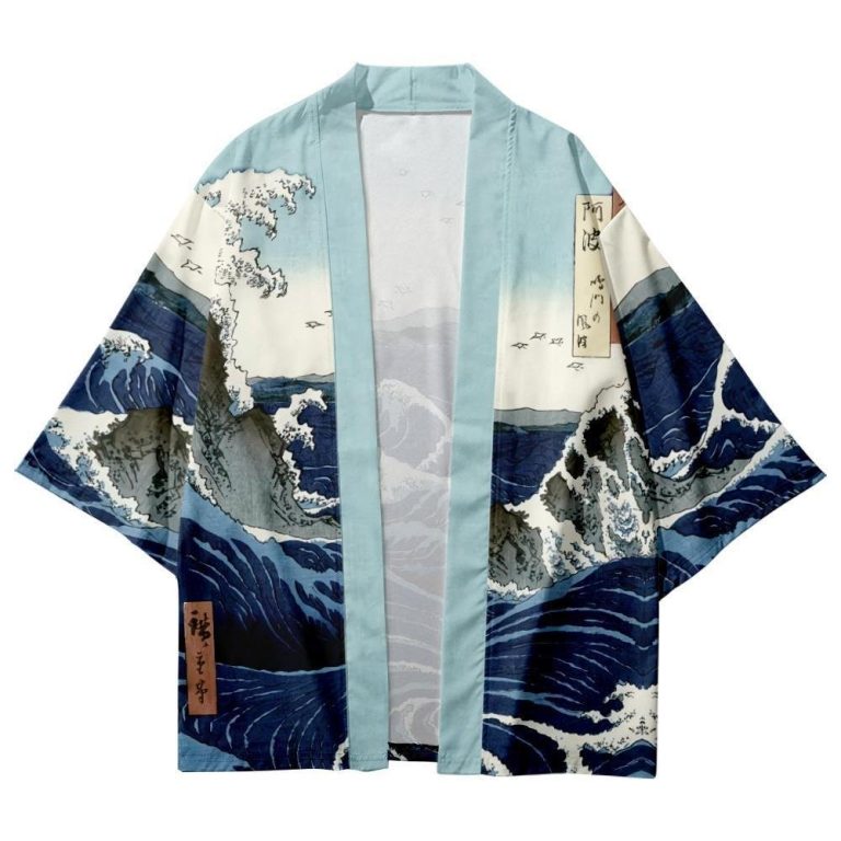 Veste-kimono-japonais-a-manches-courtes-avec-motifs-de-vagues-et-calligraphies-picture-2