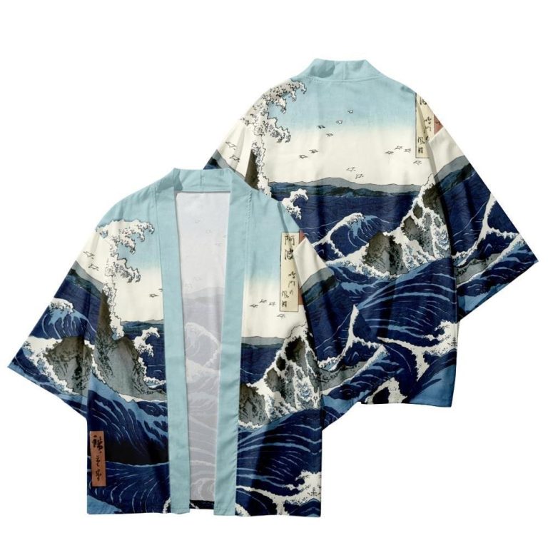 Veste-kimono-japonais-a-manches-courtes-avec-motifs-de-vagues-et-calligraphies-picture-3
