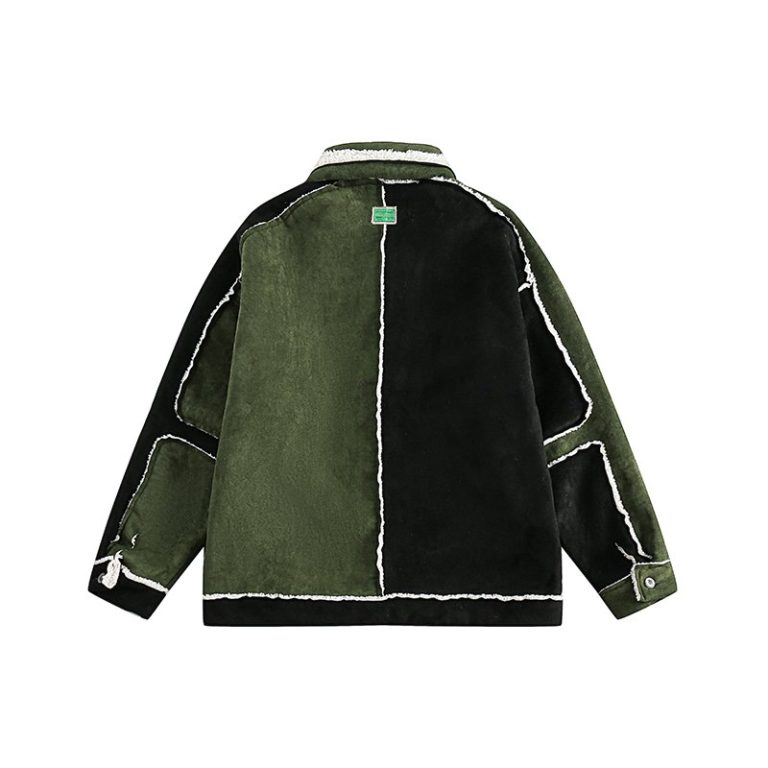 Veste-sherpa-noir-et-vert-kaki-a-broderies-florales-dorees-et-passepoil-blanc-mo-picture-3