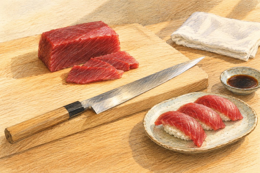 Couteau japonais et thon rouge pour préparer des sushis