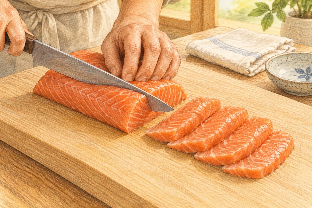 Quel saumon pour faire des sushis maison comme un chef japonais ? Couteau japonais tranchant un pavé de saumon pour sushis