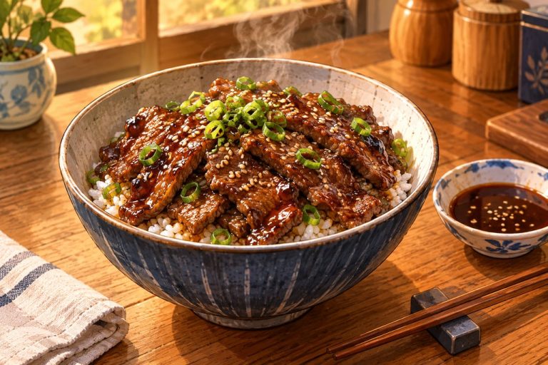 Bol de bœuf teriyaki caramélisé sur du riz japonais