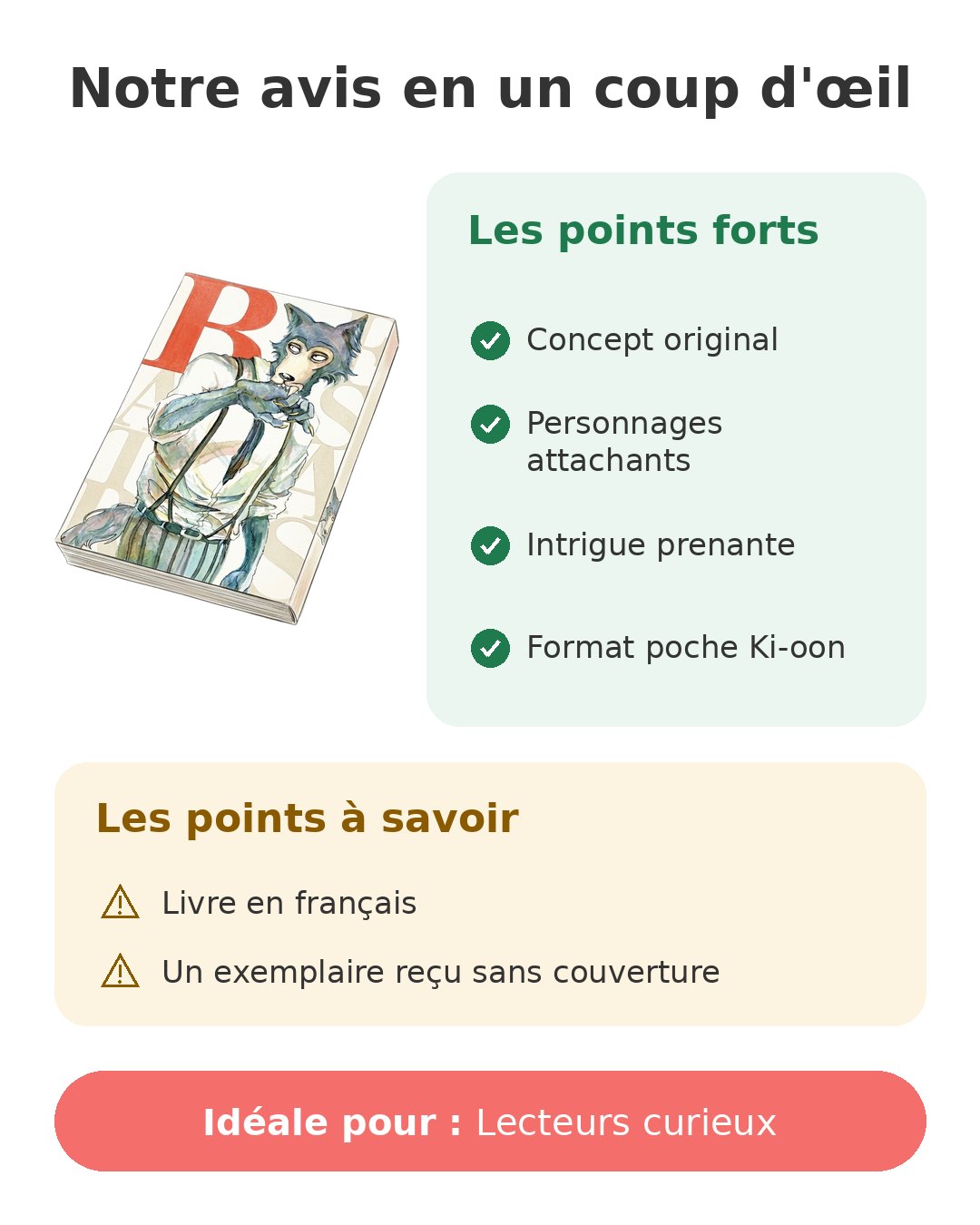 Notre avis en un coup d'œil sur Beastars tome 1