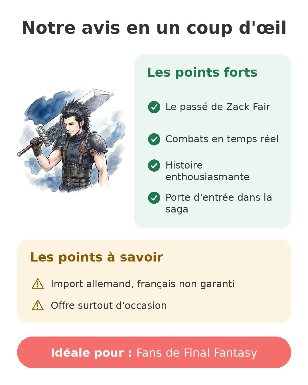 Notre avis en un coup d'œil sur Crisis Core PSP