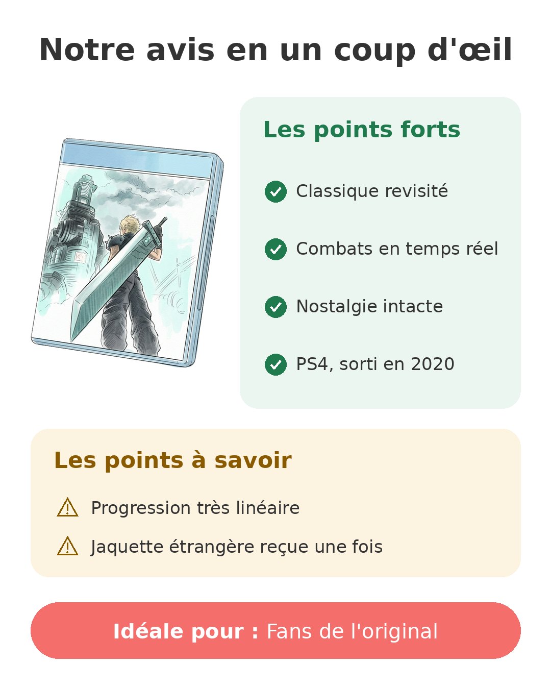 Notre avis en un coup d'œil sur FF7 Remake PS4