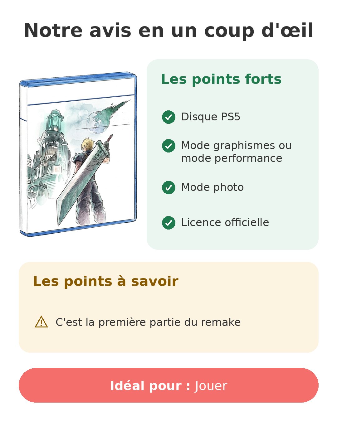 Notre avis en un coup d'œil sur FF7 Remake