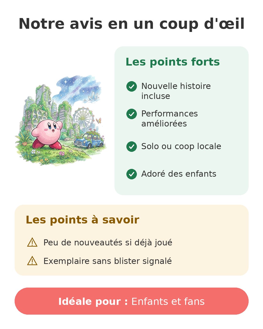 Notre avis en un coup d'œil sur Kirby monde oublié