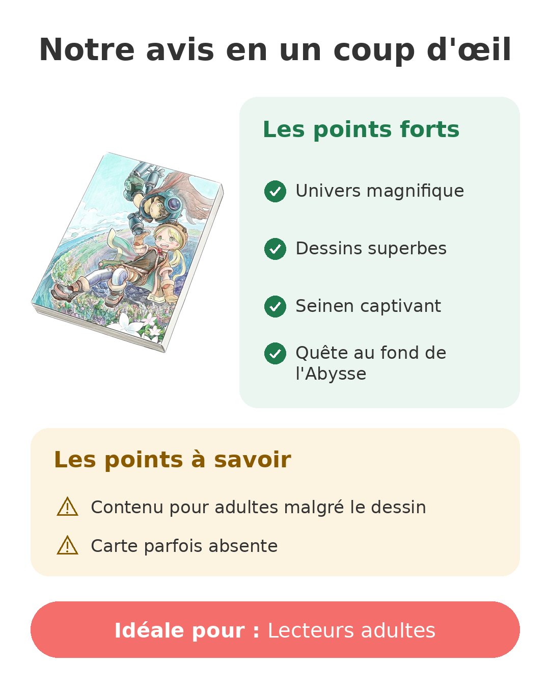 Notre avis en un coup d'œil sur Made in Abyss T1
