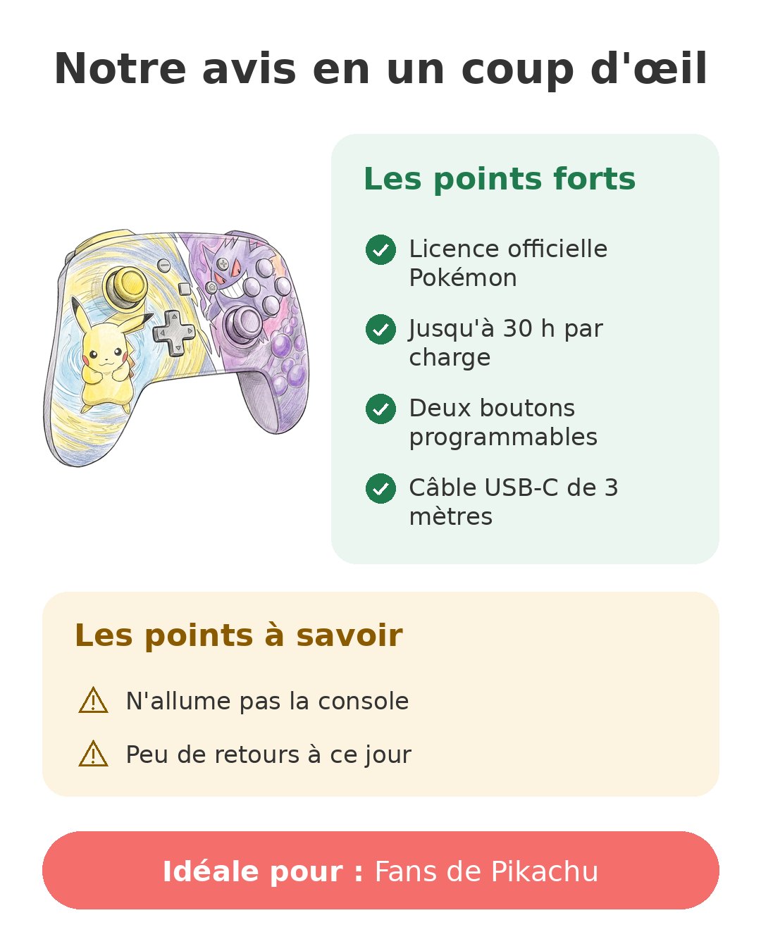 Notre avis en un coup d'œil sur Manette Pikachu Switch