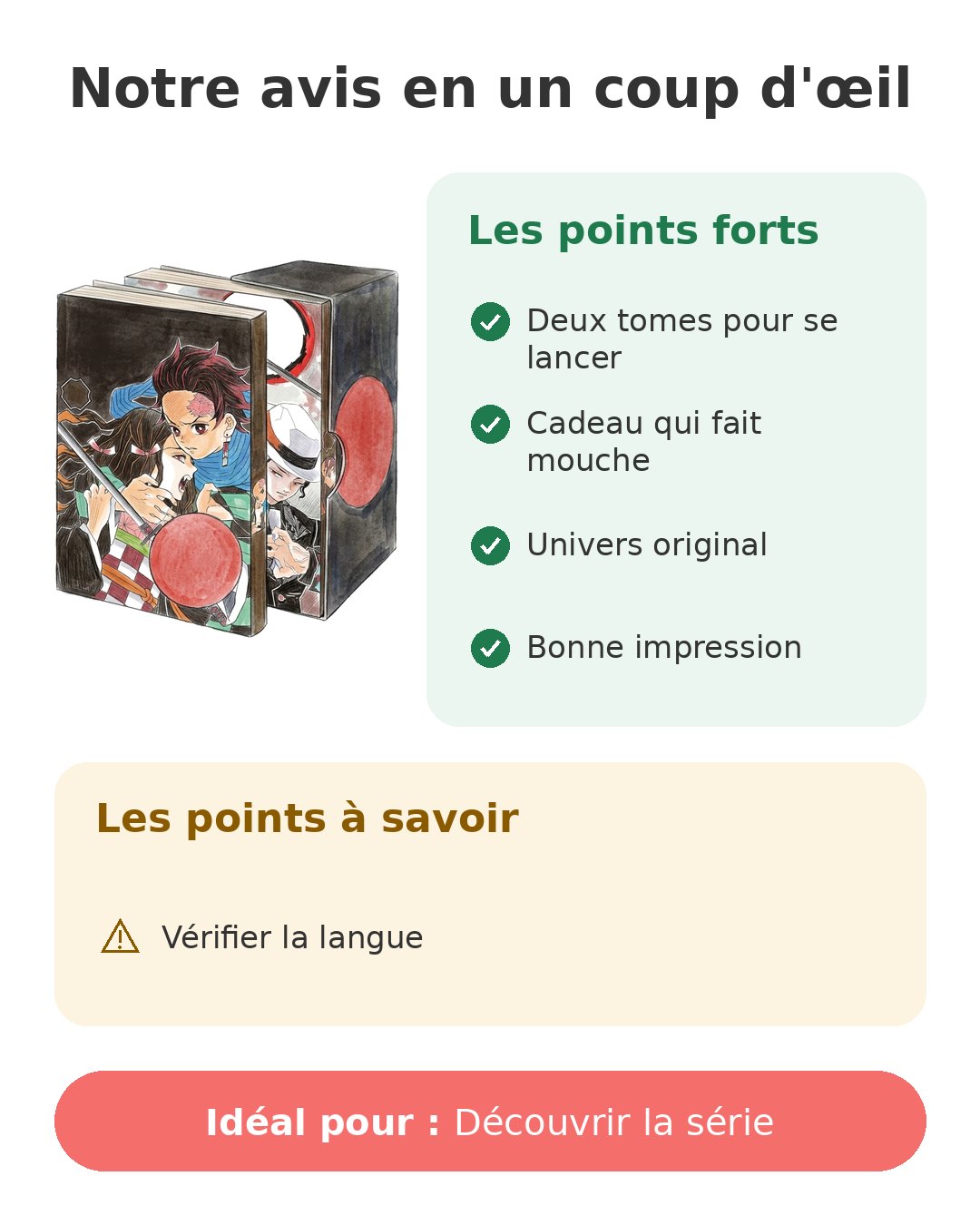 Notre avis en un coup d'œil sur Demon Slayer pack T1 et T2