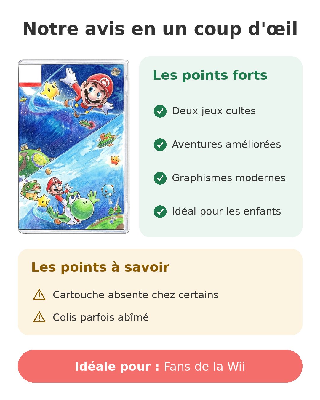 Notre avis en un coup d'œil sur Mario Galaxy 1 et 2