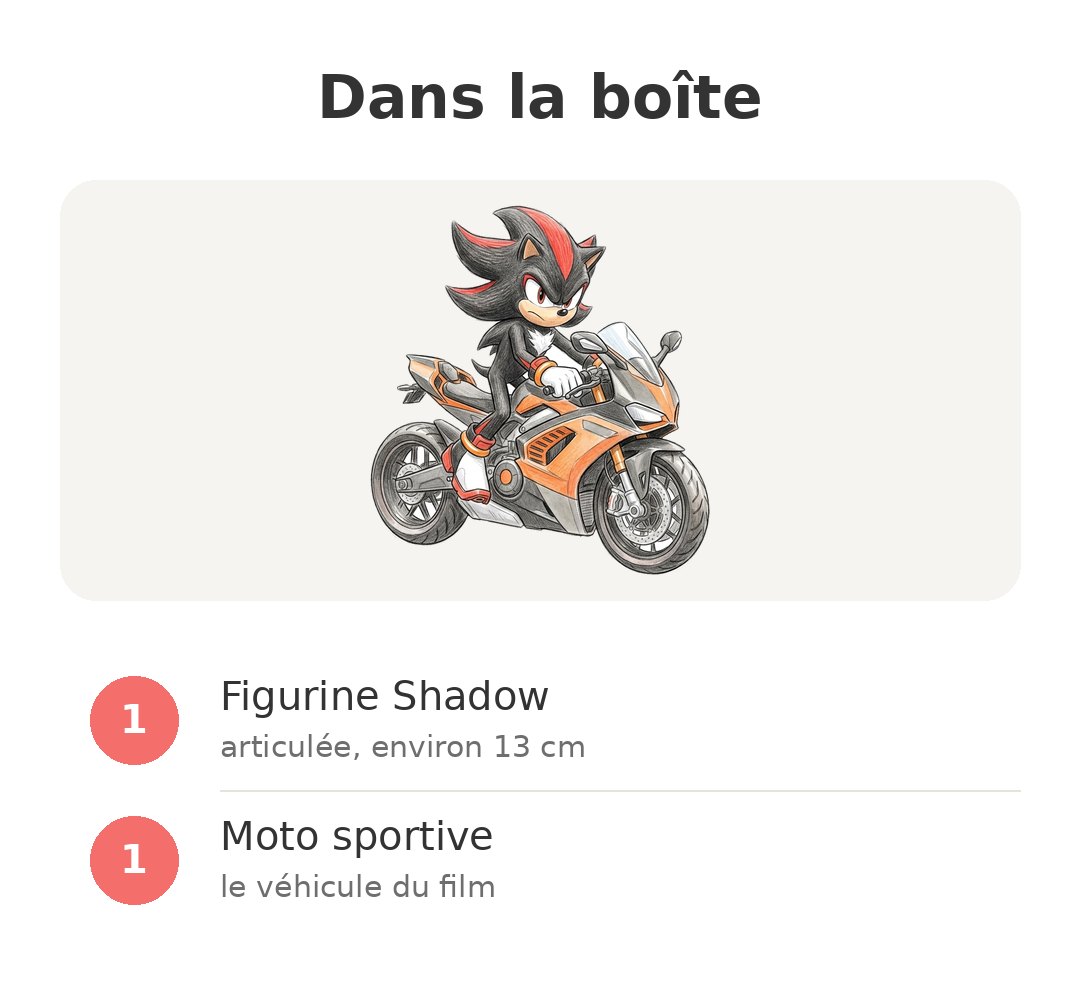 Contenu de la boîte : Shadow et sa moto