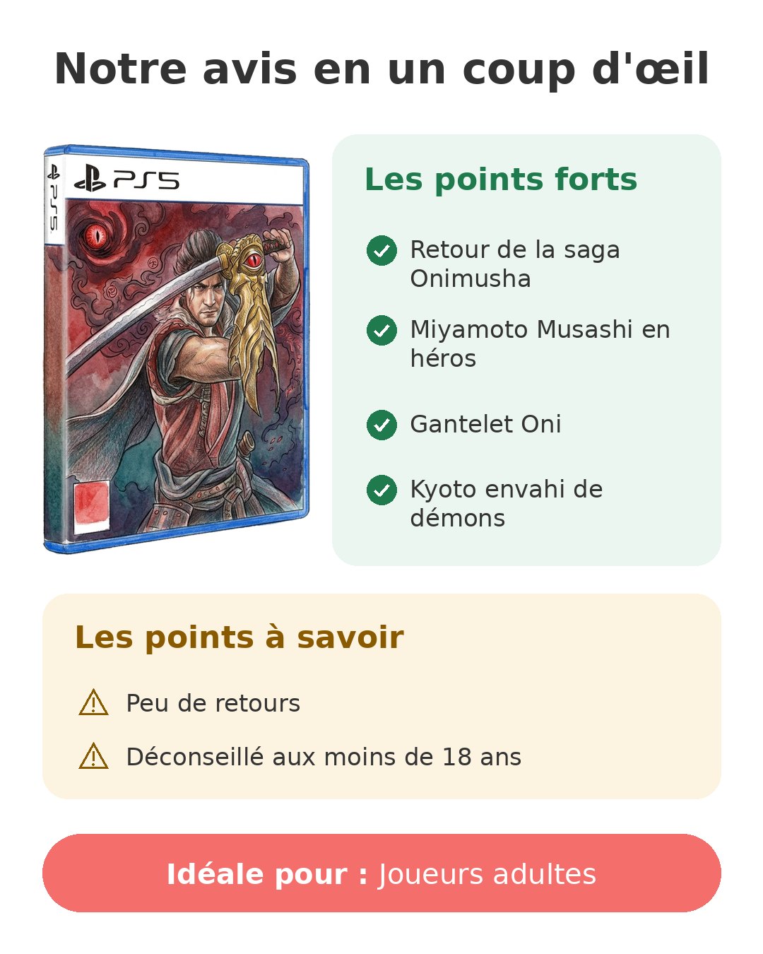 Notre avis en un coup d'œil sur Onimusha PS5
