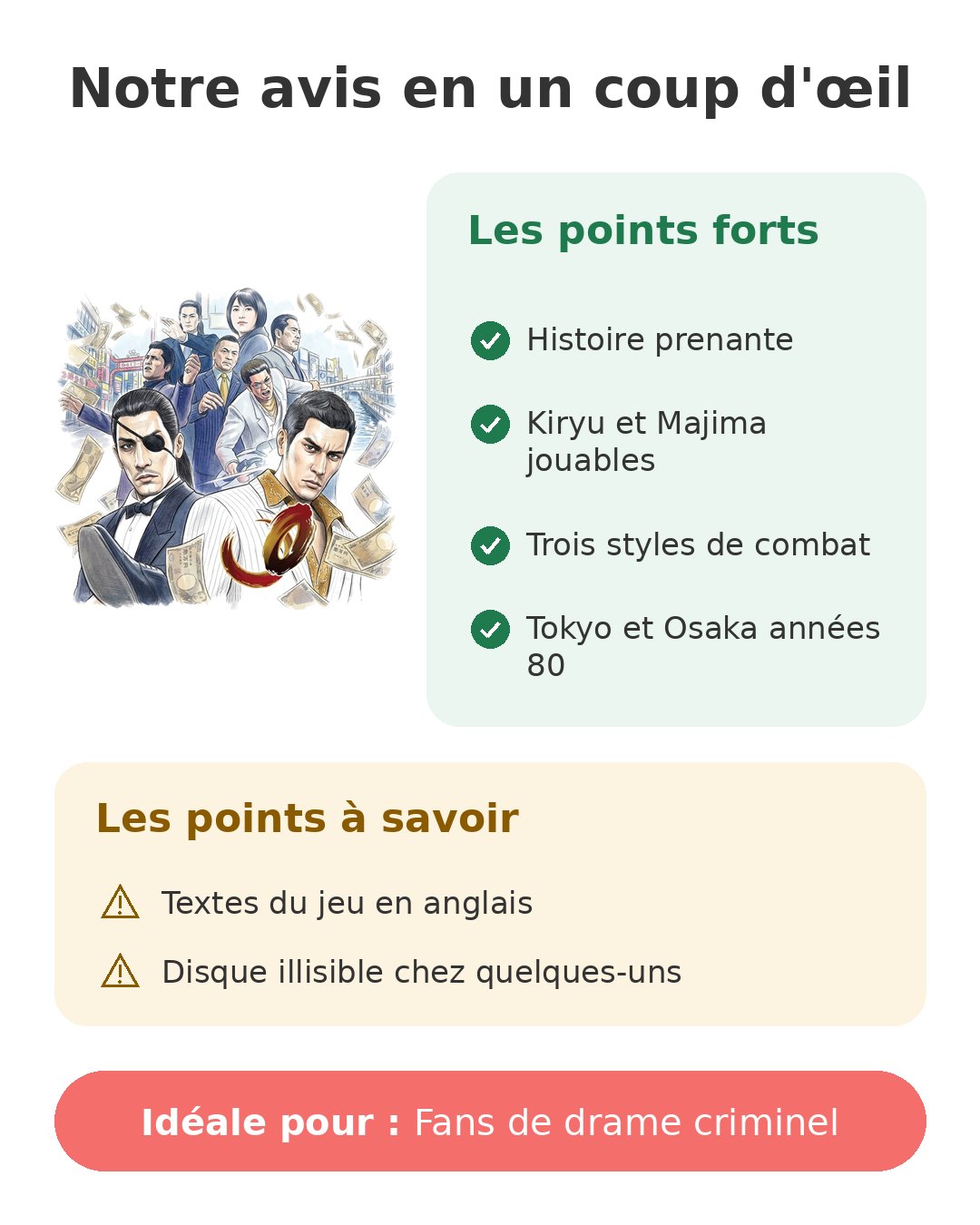Notre avis en un coup d'œil sur Yakuza Zero PS4