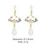 Boucles d'oreilles pendantes éventail japonais - Avec perle goutte