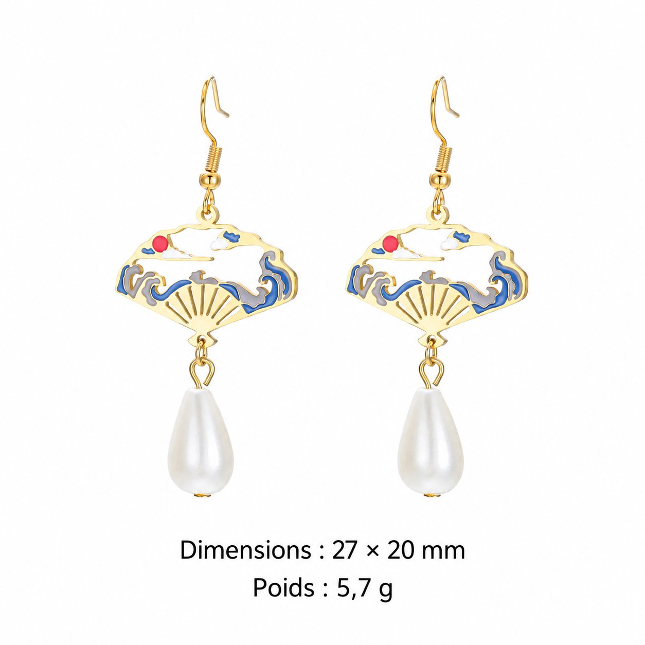 Boucles d'oreilles pendantes éventail japonais - Avec perle goutte