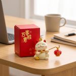 Figurine maneki neko porte-bonheur avec lanterne rouge