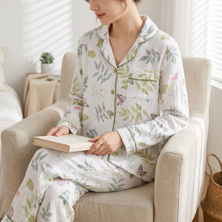 Pyjama femme en gaze de coton à motifs végétaux