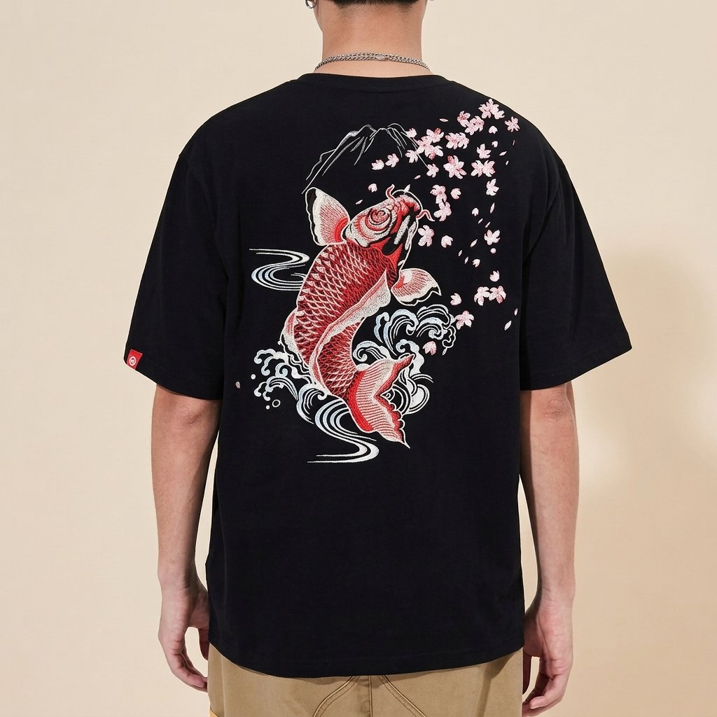 T-shirt carpe koï brodé et mont Fuji