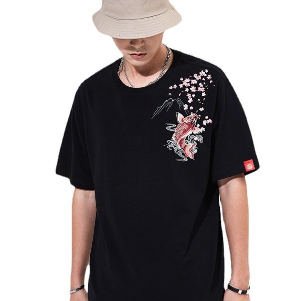 T-shirt carpe koï brodé et mont Fuji