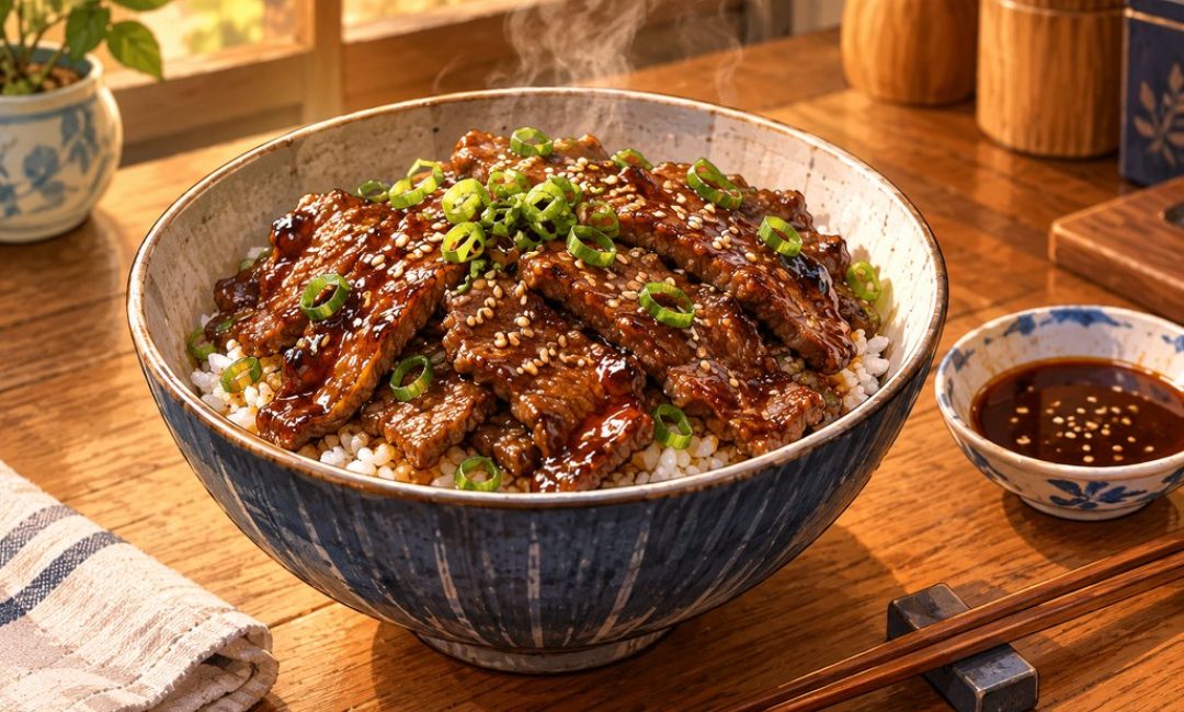 Bol de bœuf teriyaki caramélisé sur du riz japonais